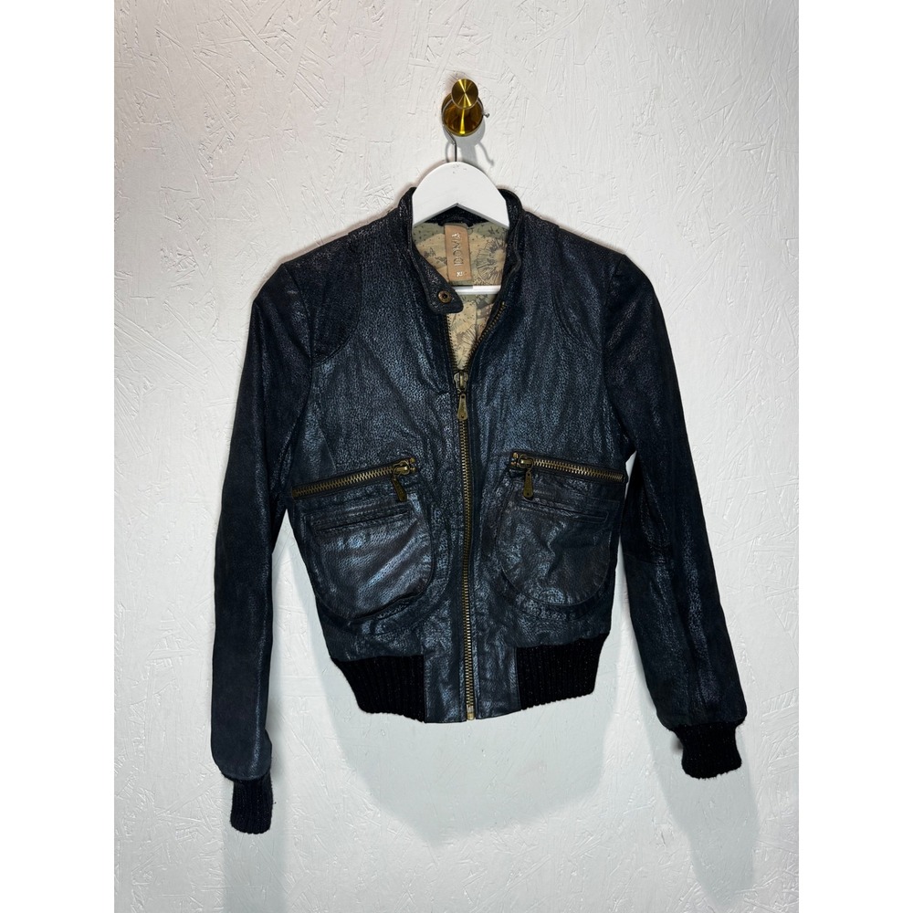 DOMA Leather‎ Bomber Jacket Womens XS Metallic Textured Moto Zip Up Coat